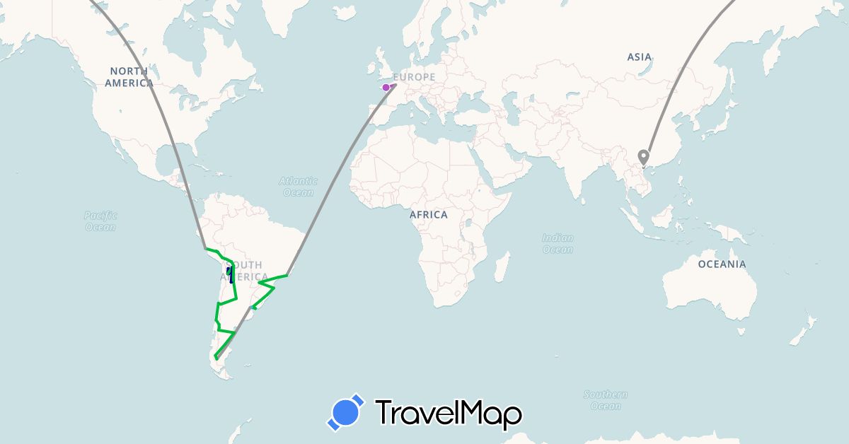 TravelMap itinerary: driving, bus, plane, train, boat in Argentina, Bolivia, Brazil, Chile, France, Peru, Uruguay, Vietnam (Asia, Europe, South America)